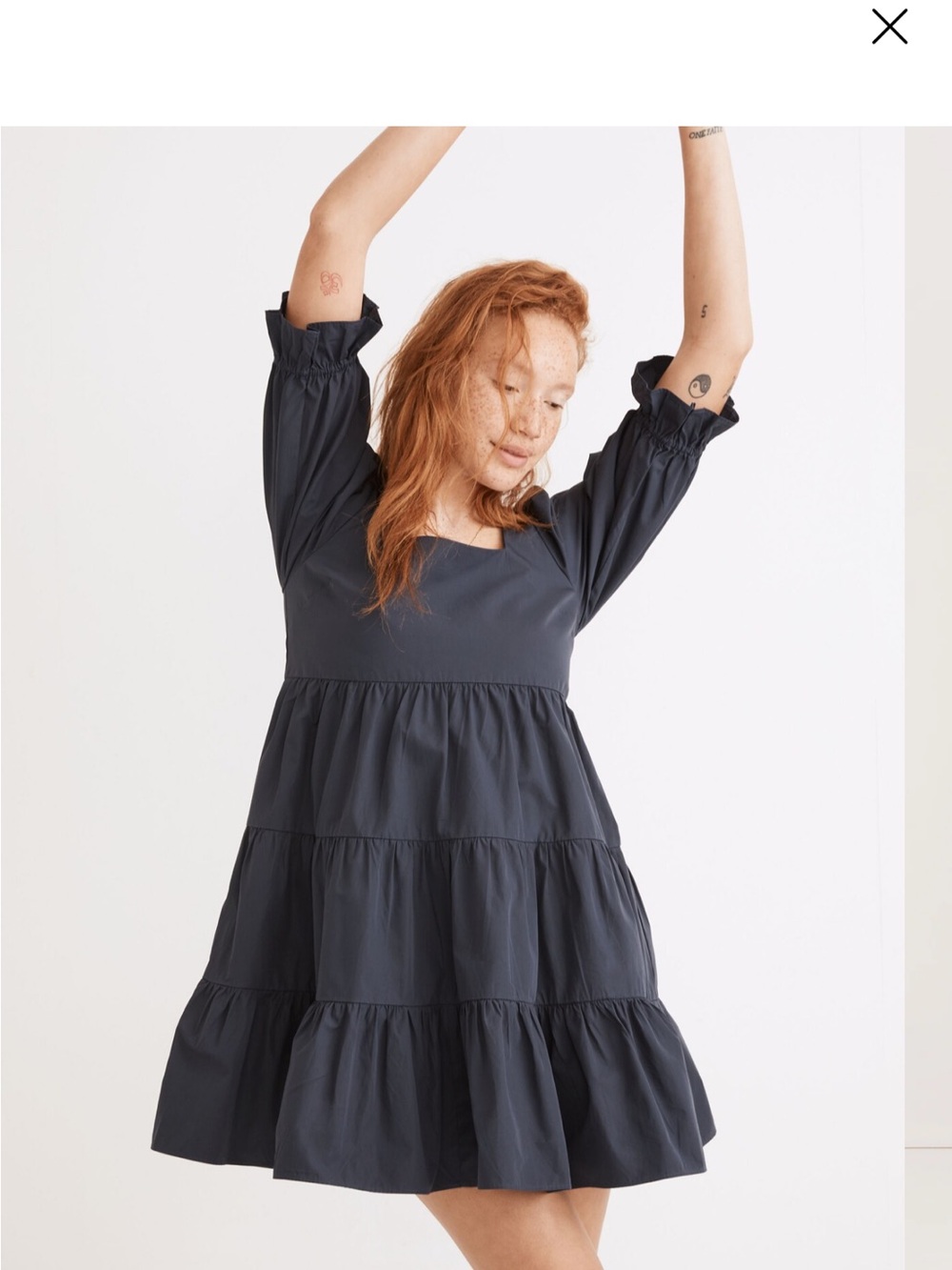Madewell Navy Tiered Square-Neck Dress with Puff Sleeves